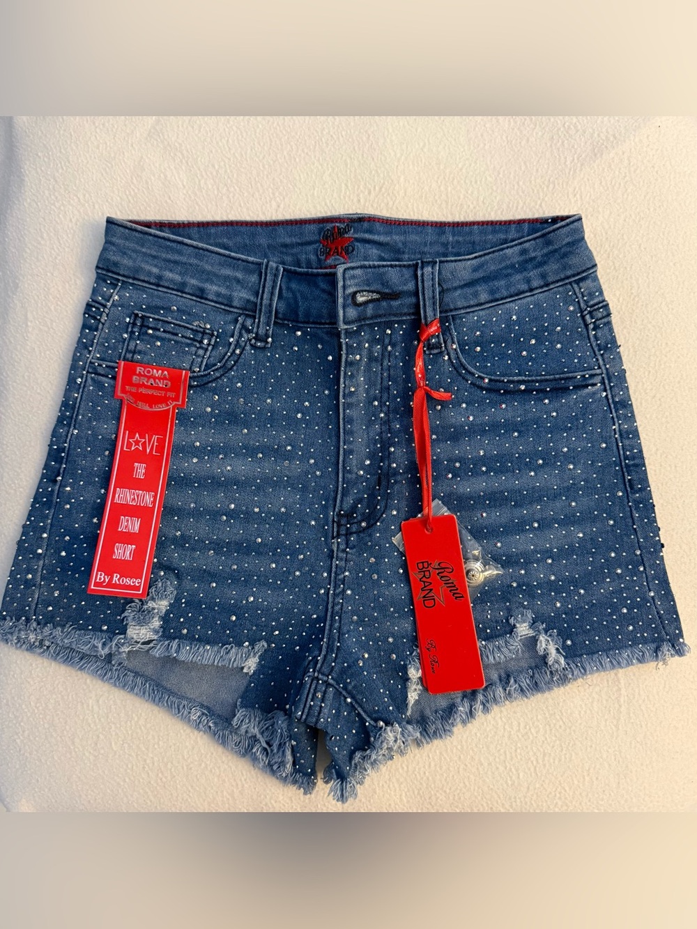 Roma Blue Rhinestone Denim Cutoff Shorts with Red Tags